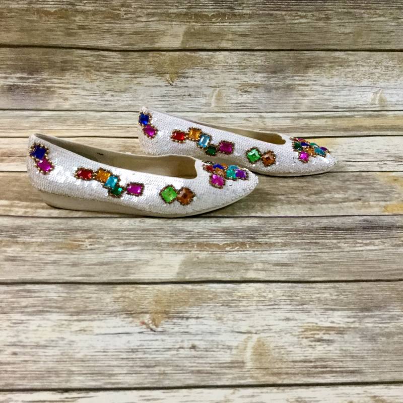Vintage Pailletten Jeweled Schuhe, Caparros Us Sz 7.5 Perlen Ballet Ballerinas 1980 Flache Schuhe von NEONBULL
