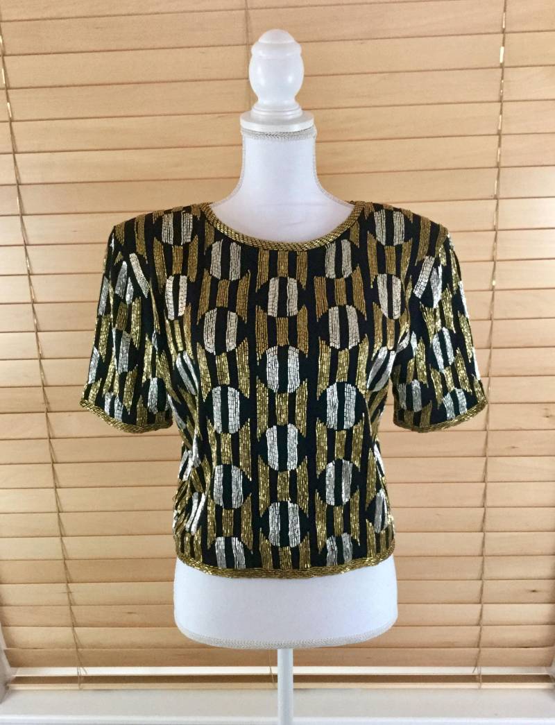 Vittadini Vintage Schwarz Und Gold Perlen Top von NEONBULL