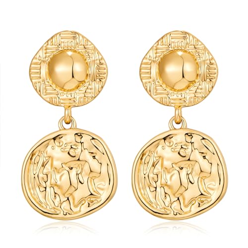 NEPULOY Goldene Statement-Ohrringe für Damen, Kreis, Knopf, baumelnde Ohrringe, gehämmert, trendiger Schmuck, Geschenke, Messing, Kein Edelstein NEPULOY Goldene Statement-Ohrringe für Damen, Kreis, Knopf, baumelnde Ohrringe, gehämmert, trendiger Schmuck, Geschenke, Messing, Kein Edelstein von NEPULOY