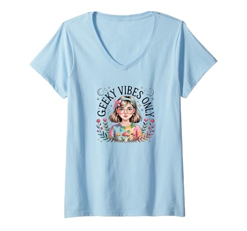 Damen Geeky Vibes Only Nerd Zitat Nerdy Introvertiert Mädchen Teens T-Shirt mit V-Ausschnitt von NERD GEEK NERDY GEEKY OUTFIT NOVELTY MERCH