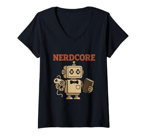 Damen NERDCORE - Retro Robot Gamer Bookworm AI T-Shirt mit V-Ausschnitt Damen NERDCORE - Retro Robot Gamer Bookworm AI T-Shirt mit V-Ausschnitt von NERDCORE Retro Robot Gamer Bookworm AI