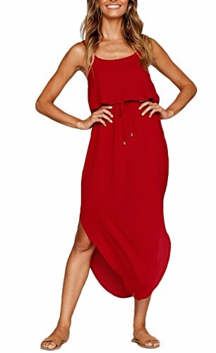 NERLEROLIAN Damen Kleid mit verstellbaren Trägern, geteilt, Sommer, Strand, lässig, Midi-Kleid - Rot - X-Groß von NERLEROLIAN