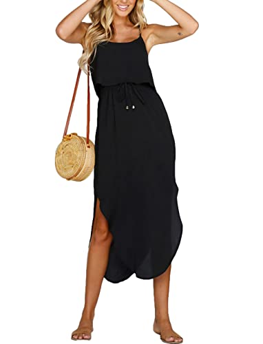 NERLEROLIAN Damen Kleid mit verstellbaren Trägern, geteilt, Sommer, Strand, lässig, Midi-Kleid - Schwarz - X-Groß von NERLEROLIAN