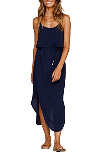 Nerlerolian Damenkleid mit verstellbaren Trägern, geteiltes Sommerkleid, mittellanges, lässiges Sommerkleid mit hohem Beinschlitz. - blau - Klein von NERLEROLIAN