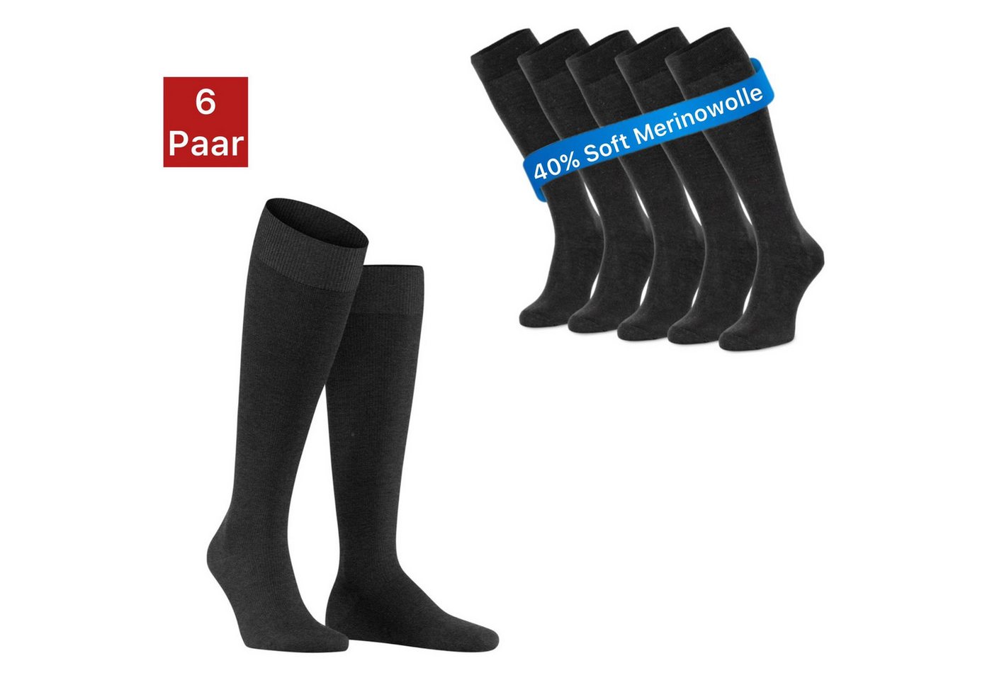 NERS Kniestrümpfe aus Merinowolle Damen & Herren mit Komfortbund, ohne drückende Naht (6-Paar, 3 & 6 Paar) Soft Merino, für warme Füße von NERS