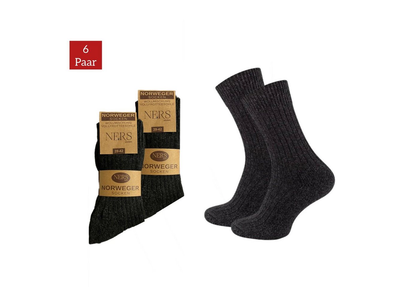 NERS Norwegersocken für Damen und Herren aus Wolle (6-Paar) Wintersocken mit weicher Frotteesohle von NERS