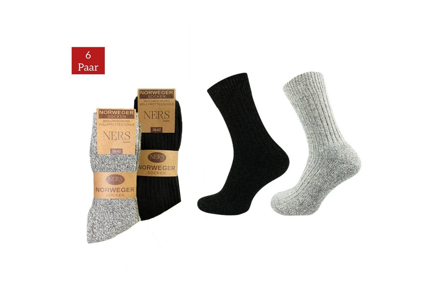 NERS Norwegersocken für Damen und Herren aus Wolle (6-Paar) Wintersocken mit weicher Frotteesohle von NERS