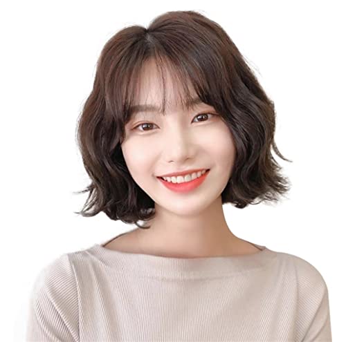 NESPIQ Perücken Damenperücke Brauner Pony Echtkopf Und Kurzes Haar Flauschiges Echthaar Tägliche Charakterperücke Perücken Damen von NESPIQ