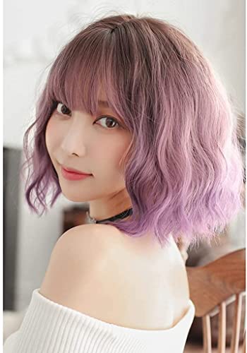 Perücken Kurze Farbverlaufsperücken Mit Luftknallen, Kurze Perücke Für Frauen, Lockig, Cosplay, 17-Zoll-Perücke Für Mädchen Perücken Damen (Color : Gradient Purple) von NESPIQ