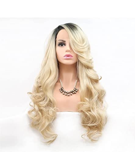 Perücken Langes Lockiges Haar, Natürlich, 18 Zoll Bis 26 Zoll, Perücke, Goldener Farbverlauf, Schräger Pony, Modische Perücke Für Den Täglichen Partygebrauch Perücken Damen (Color : B, Size : 24inch von NESPIQ