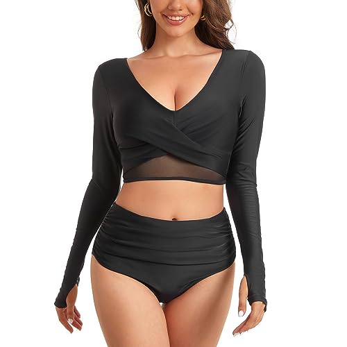 NESY Damen-Badeanzüge, langärmelig, zweiteilig, Rashguard, UV-Schutz, bauchfreies Oberteil, Badeanzüge, 1-SY567001Schwarz-1, Medium von NESY