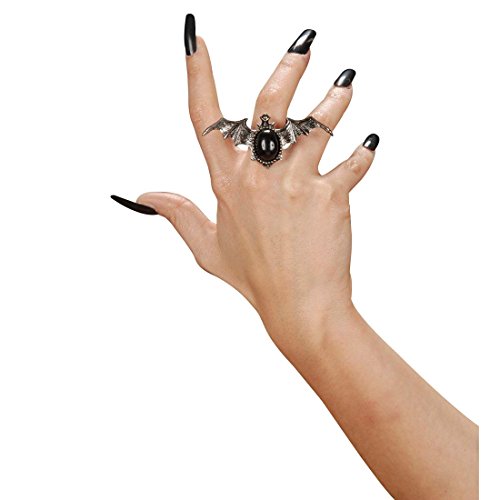 NET TOYS Fledermausring Gothic Ring Silber-schwarz Fledermaus Ring Vampirring Halloween Schmuck Kostüm Accessoire Hexe Vampir Zauberin Dracula von NET TOYS