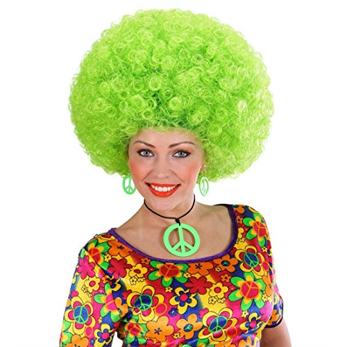 NET TOYS Hippie Damen Schmuck neon grün Kette mit Ohrclips Hippieset Hippieschmuck Peace Flower Power von NET TOYS
