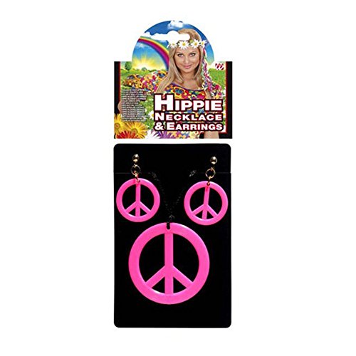 NET TOYS Peacezeichen Kette Halskette neon pink mit Ohrclips Peace Zeichen Hippie Schmuck Set von NET TOYS