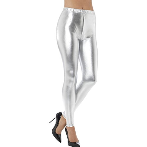 NET TOYS Silberne Metallic Leggings glänzende Disco Pants S (34/36) 80er 90er Jahre Glanzleggins Metallic Leggins von NET TOYS