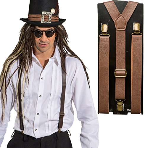 NET TOYS Steampunk Hosenträger Hosenhalter Lederoptik braun Gothic Braces Bundhalter Retro Futurismus Suspenders Retrolook Viktorianisches Kostümzubehör von NET TOYS