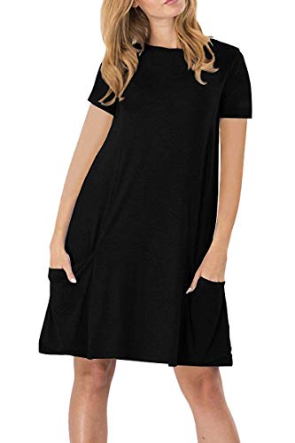 NETANT Damen Casual Langes Shirt Lose Tunika Kurzarm T-Shirt Kleid Mit Taschen-schwarz von NETANT