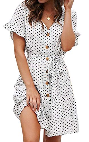 NETANT Sommerkleid Damen Kurzarm Elegant V-Ausschnitt Knopfleiste Polka Dot Kurze Strand Freizeitkleider mi Gürtel von NETANT