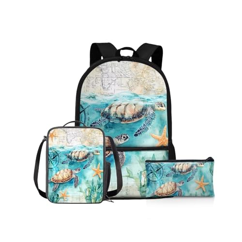 NETILGEN 3-in-1-Rucksack für Mädchen, Jungen, Schul-Büchertaschen-Set mit Lunchbox, Federmäppchen, Grundschule, Schultasche, Kinderrucksäcke, Blaue Meeresschildkröte, Kinderrucksack von NETILGEN