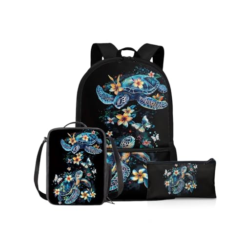 NETILGEN 3-in-1-Rucksack für Mädchen, Jungen, Schul-Büchertaschen-Set mit Lunchbox, Federmäppchen, Grundschule, Schultasche, Kinderrucksäcke, Boho-Meeresschildkröte, Kinderrucksack von NETILGEN