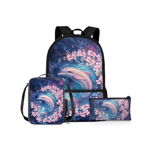 NETILGEN 3-in-1-Rucksack für Mädchen, Jungen, Schul-Büchertaschen-Set mit Lunchbox, Federmäppchen, Grundschule, Schultasche, Kinderrucksäcke, Kirschblüten Delfin, Kinderrucksack von NETILGEN
