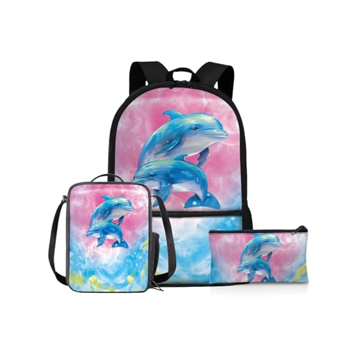 NETILGEN 3-in-1-Rucksack für Mädchen, Jungen, Schul-Büchertaschen-Set mit Lunchbox, Federmäppchen, Grundschule, Schultasche, Kinderrucksäcke, Paar Delfine, Kinderrucksack von NETILGEN