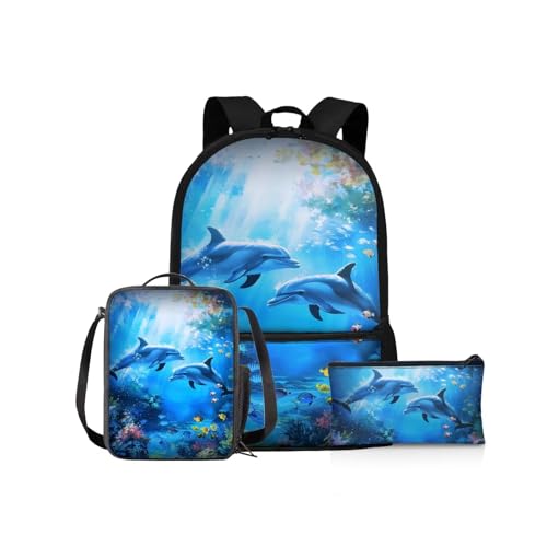 NETILGEN 3-in-1-Rucksack für Mädchen, Jungen, Schul-Büchertaschen-Set mit Lunchbox, Federmäppchen, Grundschule, Schultasche, Kinderrucksäcke, Unterwasser-Delfine, Kinderrucksack von NETILGEN