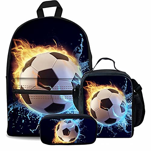 NETILGEN 3-teiliges Schulranzen-Set für Jungen, Rucksack für Kinder, Schultasche, Tagesrucksack mit Kopfhörer-Kordelloch, Lunch-Tasche, Kinder-Federmäppchen, Stylischer Fußball, Einheitsgröße, von NETILGEN