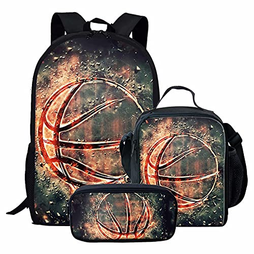 NETILGEN Abstrakter Basketball Schulrucksack-Set für Jungen, Teenager, Büchertaschen-Set, Kinder, Sporttasche, Bedruckt, Laptop-Rucksack mit Lunchbox, Federmäppchen von NETILGEN