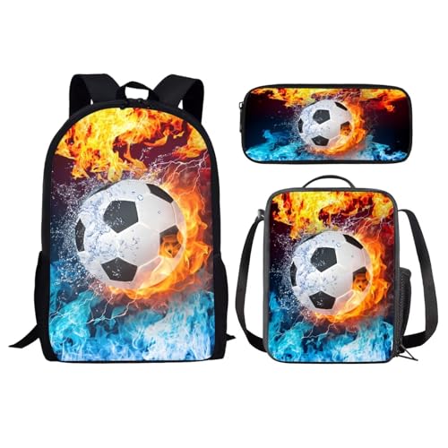 NETILGEN Animal 3-in-1 Kinder-Schultaschen-Set für Jungen, Teenager, mit isolierter Lunchtasche und Federmäppchen für Reisen, Camping, Wandern, Radfahren, Outdoor-Sport, Soccer Fire Lightning, von NETILGEN