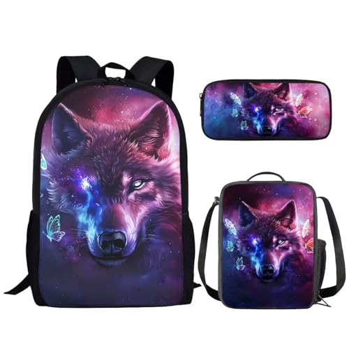 NETILGEN Animal 3-in-1 Kinder-Schultaschen-Set für Jungen, Teenager, mit isolierter Lunchtasche und Federmäppchen für Reisen, Camping, Wandern, Radfahren, Outdoor-Sport, Wolf Schmetterling Rosa, von NETILGEN