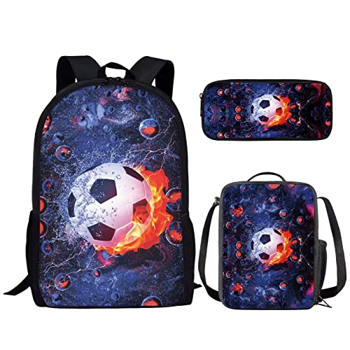 NETILGEN Animal 3-in-1 Kinder-Schultaschen-Set für Jungen und Jugendliche + isolierte Lunchtasche + Federmäppchen für Reisen, Camping, Wandern, Radfahren, Outdoor-Sport, Meteoriten-Fußball, One size von NETILGEN