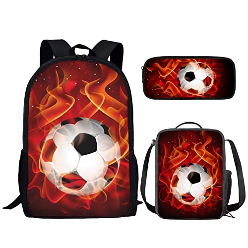 NETILGEN Animal 3-in-1 Kinder-Schultaschen-Set für Jungen und Jugendliche + isolierte Lunchtasche + Federmäppchen für Reisen, Camping, Wandern, Radfahren, Outdoor-Sport, Red Flame Fußball, One size von NETILGEN