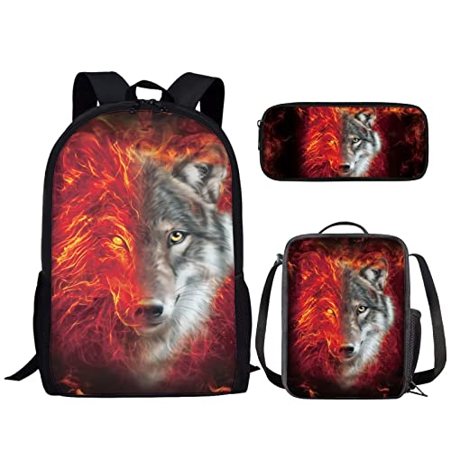 NETILGEN Animal 3-in-1 Kinder-Schultaschen-Set für Jungen und Jugendliche + isolierte Lunchtasche + Federmäppchen für Reisen, Camping, Wandern, Radfahren, Outdoor-Sport, Red Flame Wolf, One size von NETILGEN