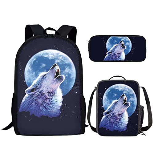 NETILGEN Animal 3-in-1 Kinder-Schultaschen-Set für Jungen und Jugendliche + isolierte Lunchtasche Federmäppchen Reisen, Radfahren, Outdoor-Sport, Blue Moon Wolf, One size, NET-CGK0706-0425-4 von NETILGEN