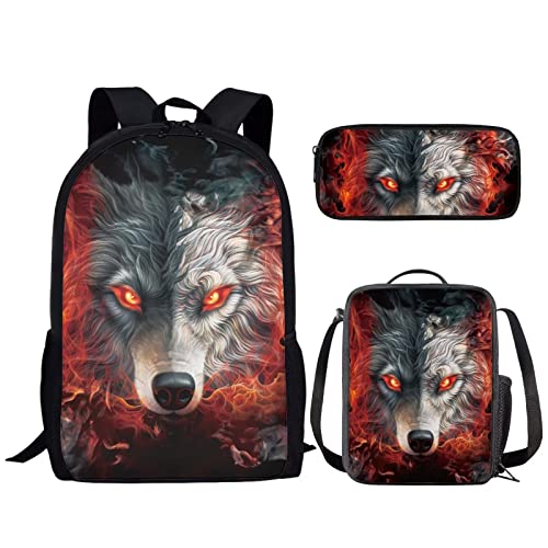 NETILGEN Animal 3-in-1 Kinder-Schultaschen-Set isolierte Lunchtasche Federmäppchen Reisen, Camping, Wandern, Radfahren, Outdoor-Sport, Feuergrauer Wolf, Einheitsgröße, (NET-CGK0706-0425-14) von NETILGEN