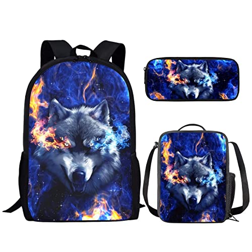 NETILGEN Animal 3-in-1 Schulranzen-Set für Jungen, Teenager, isolierte Lunchtasche + Federmäppchen Reisen, Camping, Radfahren, Outdoor-Sport, Blauer Flammenwolf, One size, NET-CGK0706-0425-16 von NETILGEN