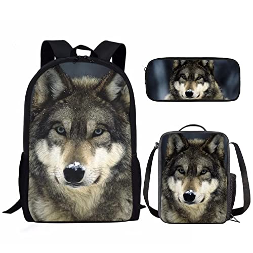 NETILGEN Animal 3-in-1 Schulranzen-Set für Jungen, Teenager, isolierte Lunchtasche + Federmäppchen für Reisen, Camping, Wandern, Radfahren, Outdoor-Sport, Schneewolf, One size von NETILGEN