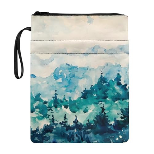NETILGEN Aquarell Blau Wald Buchhüllen mit Reißverschluss und Tasche Buchhülle für Buchliebhaber Buch Fall Protector für Schule Kinder Jungen Mädchen Geldbörse von NETILGEN