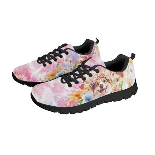 NETILGEN Batik-Laufschuhe mit Corgi-Hund für Damen, rutschfeste Sportschuhe mit Schnürung aus Mesh, Flache Tennisschuhe von NETILGEN