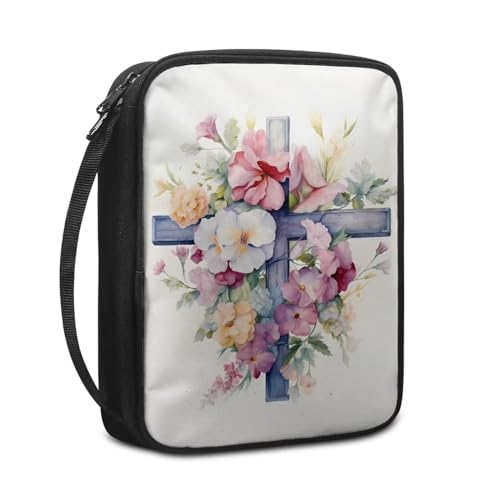 NETILGEN Bibelschutzhülle Bibeltasche Bibeltasche Tragetasche mit Reißverschluss Multifunktional Reisepasshalter Reisetasche Tragetasche Kirchentaschen, Kreuz Blume Rosa von NETILGEN