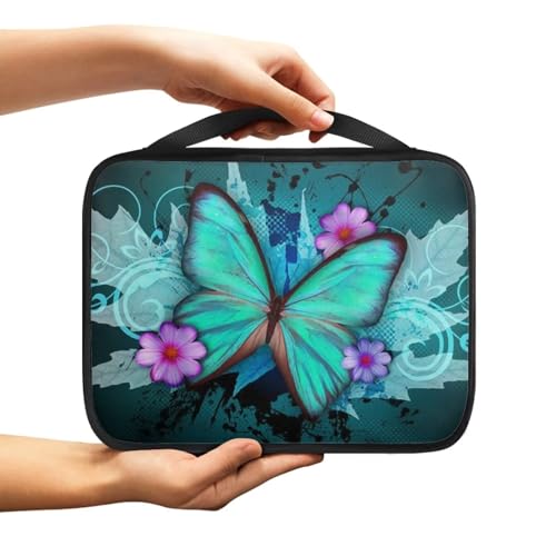 NETILGEN Bibeltasche Buchhülle Tasche mit Griff Reißverschluss Tragetasche Kirche Tasche Tragbare Multifunktionale Handtasche für Frauen Männer Kinder, Blaugrün Schmetterling Blume von NETILGEN