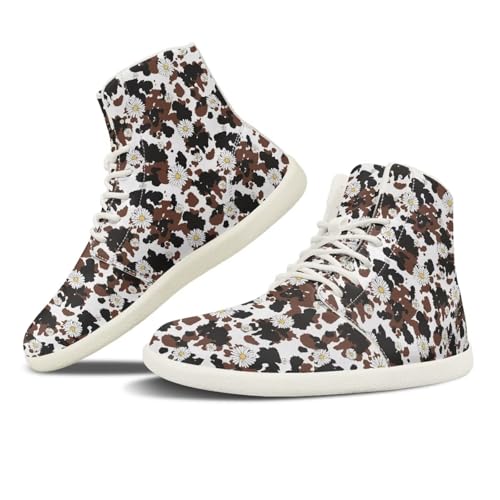 NETILGEN Breiter High-Top-Barfuß-Sneaker aus Rindsleder mit Daisy-Muster, Knöchelstütze und Zero-Drop-Sohle, Lauf- und Joggingschuhe für draußen von NETILGEN