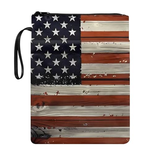 NETILGEN Buchhülle mit amerikanischer Flagge, Vintage-Stil, für Frauen und Mädchen, mit Reißverschluss, Buchschutz mit Tasche, waschbarer Stoff für Teenager, Erwachsene, Buchliebhaber, Lehrer, Schüler von NETILGEN