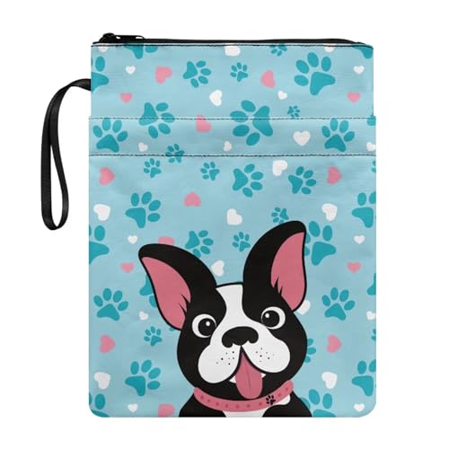 NETILGEN Buchhülle mit französischer Bulldogge, blaue Pfotenabdrücke für Taschenbuch, Lehrbuch, Dekoration, Buchhüllen für Buchliebhaber, waschbar, Buchtasche mit Reißverschluss, für Teenager, Kinder, von NETILGEN