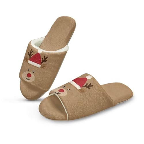 NETILGEN Cartoon Reindeer Brown Warme Pantoffel für Frauen Weihnachtstag Flache Pantoffel für Indoor Outdoor von NETILGEN