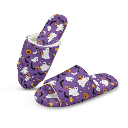 NETILGEN Damen Flannel Haus Hausschuhe Indoor Outdoor Open Toe Flache Hausschuhe für Schlafzimmer Halloween Kürbisse Schwarze Katzen von NETILGEN