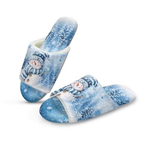 NETILGEN Damen Haus Pantoffeln für Weihnachten Dekor Blauer Schneemann Druck Flache Pantoffeln offene Zehe von NETILGEN
