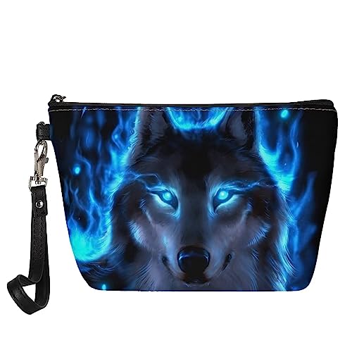 NETILGEN Damen-Make-up-Tasche mit Reißverschluss, tragbare Kosmetiktaschen, wasserdichte Tasche, Organizer, Kulturbeutel, Reisen, Blauer Wolf von NETILGEN