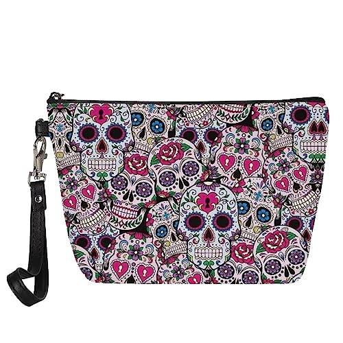 NETILGEN Damen-Make-up-Tasche mit Reißverschluss, tragbare Kosmetiktaschen, wasserdichte Tasche, Organizer, Kulturbeutel, Reisen, Rose Skull von NETILGEN